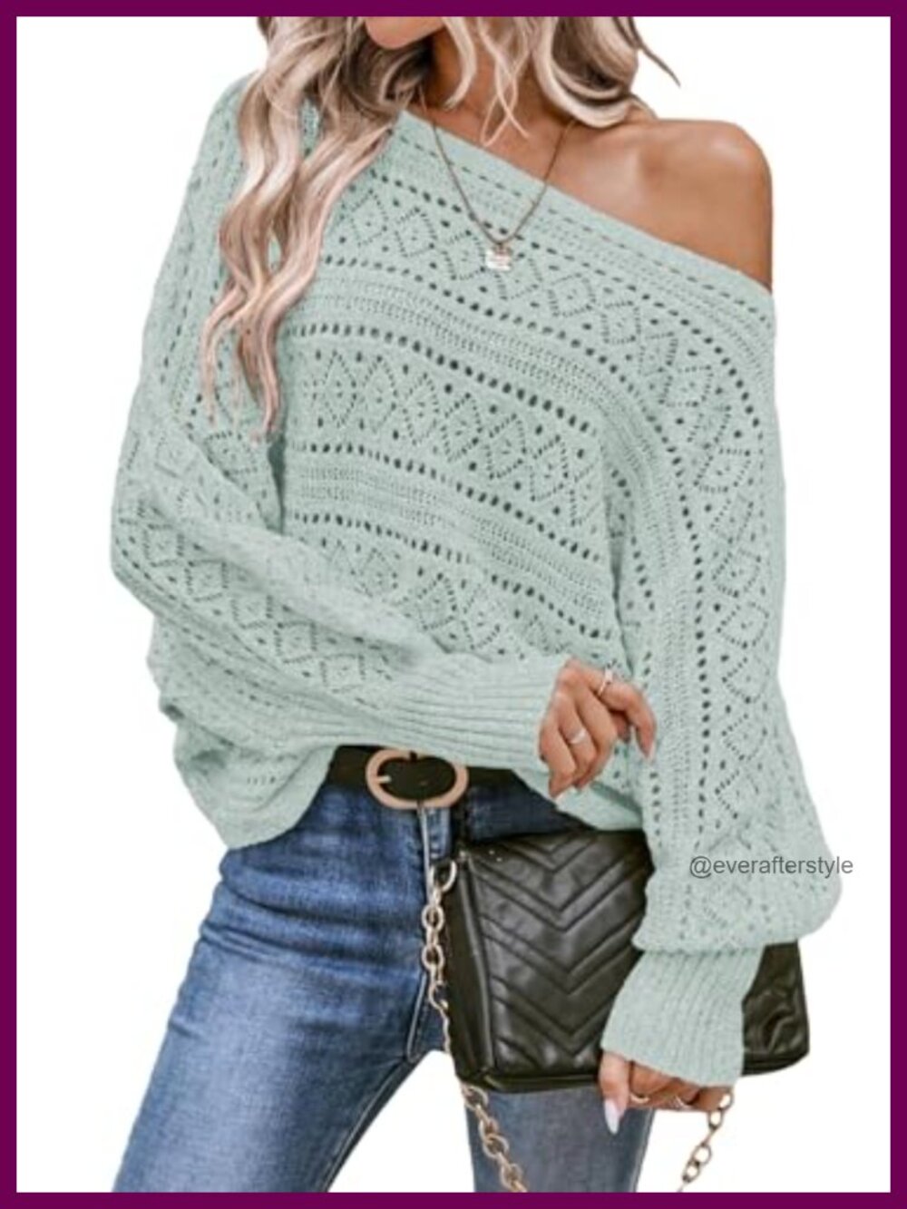 EVALESS Womens Crochet Boat Neck Long Batwing Sleeve Loose Sweaters